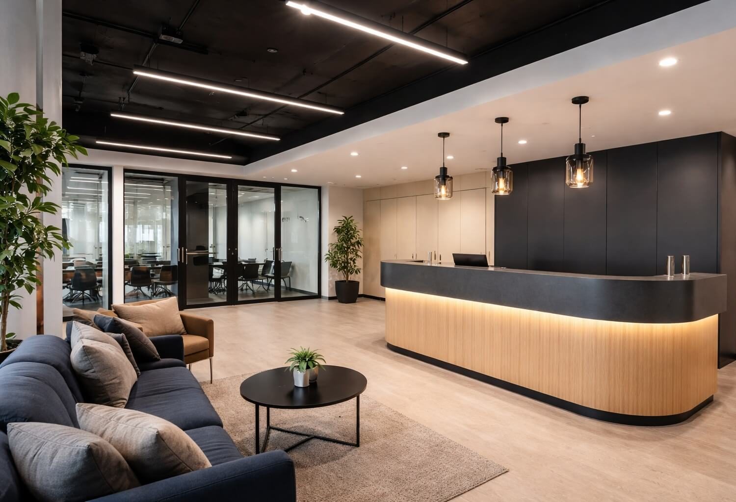 Commercial office interior with integrated lighting, ceiling electrical elements and a professional fit-out finish.