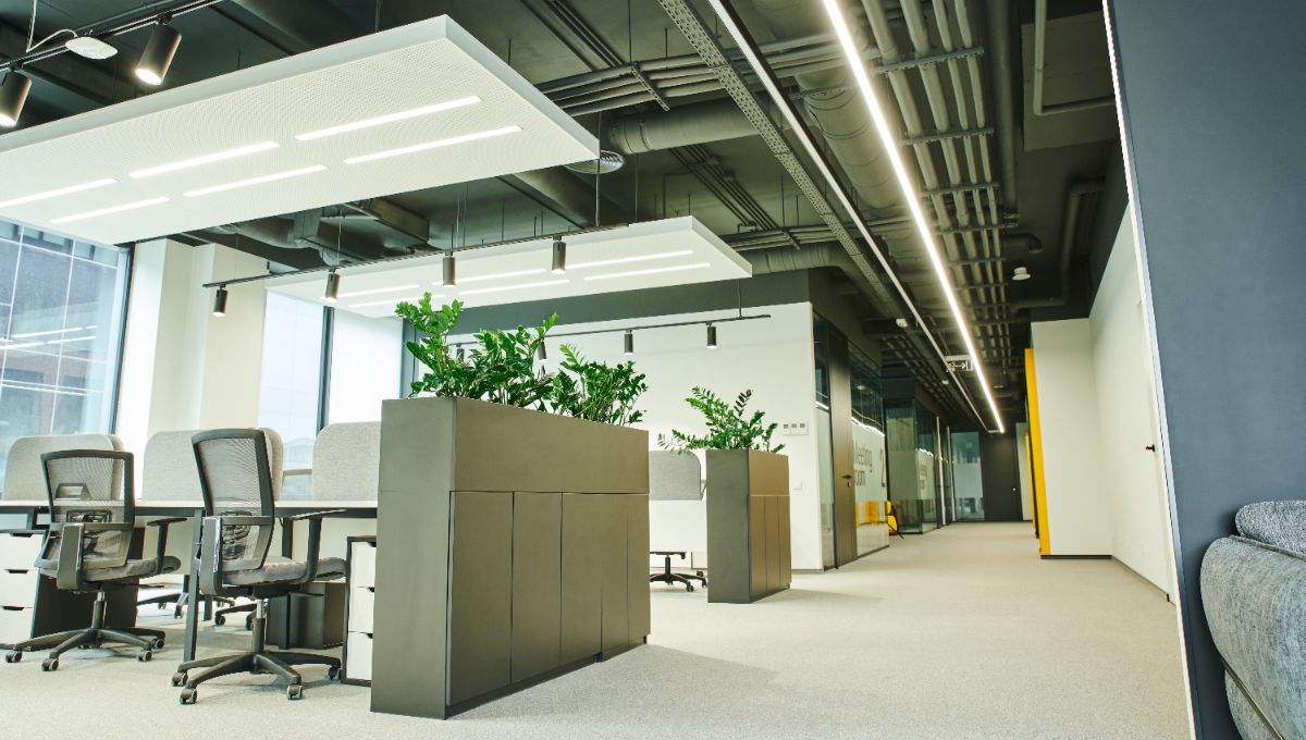 Completed commercial office fit-out with glazed partitions, integrated lighting and breakout workspace areas.