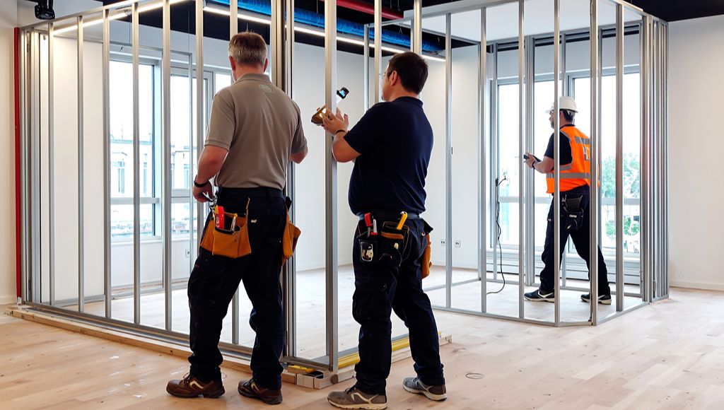 Operatives installing metal stud partitions during a commercial fit-out