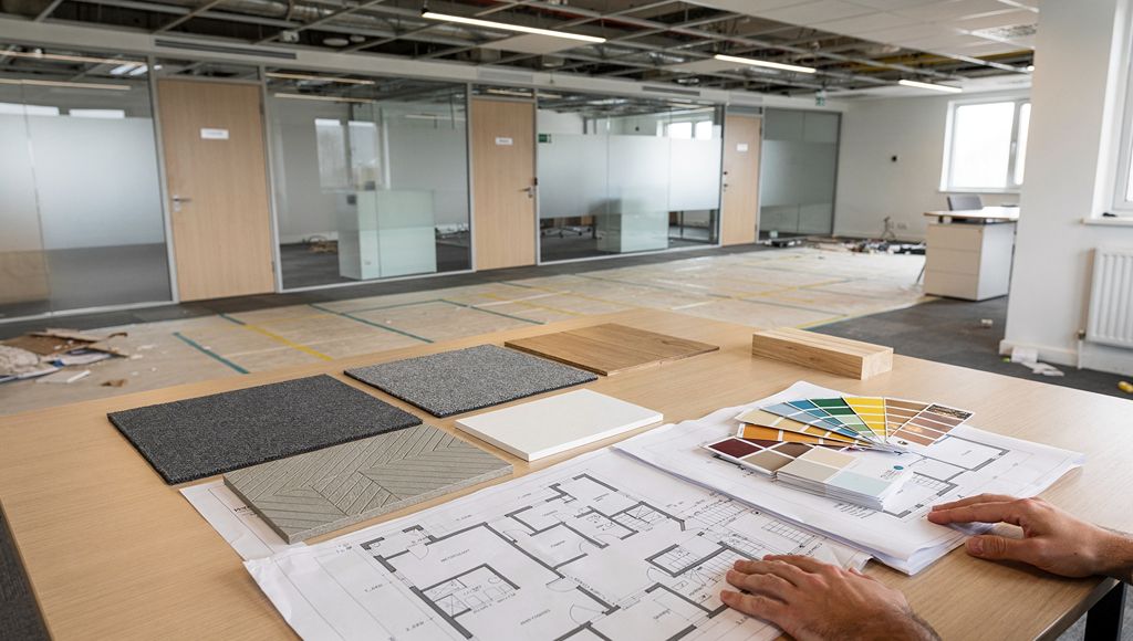 Commercial refurbishment plans and material samples arranged on a meeting table.