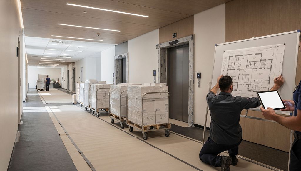 Materials and access routes being coordinated for fit-out works in an occupied building.
